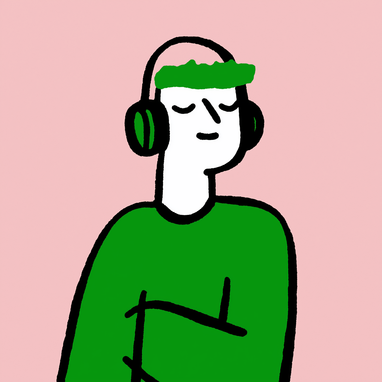 Hand-drawn illustration of a person blissfully listening to music with headphones