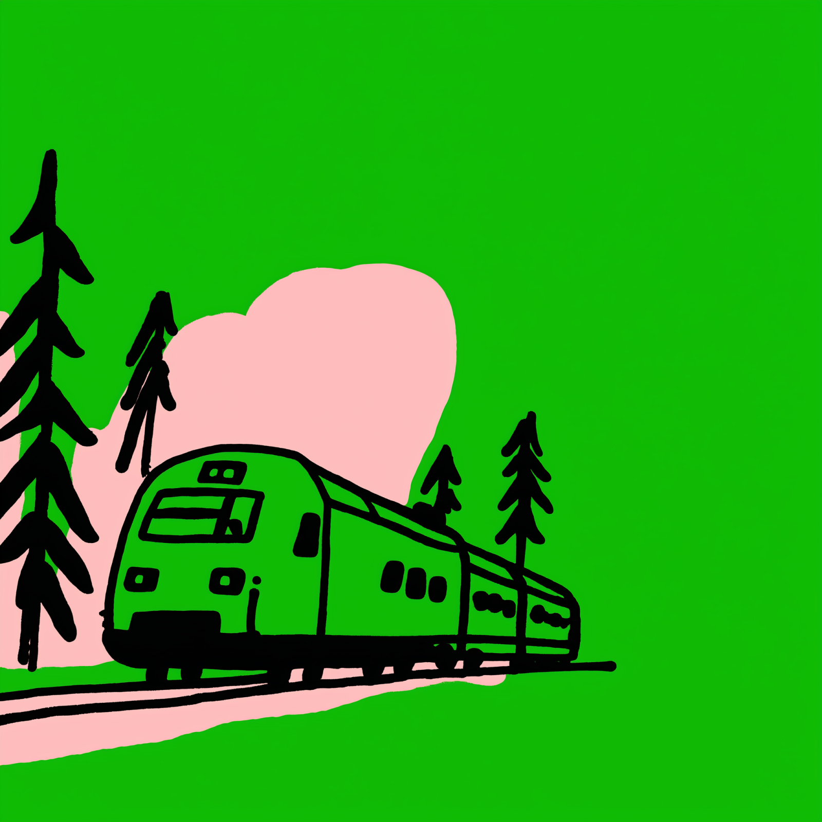 Hand-drawn illustration of a train passing through pine trees